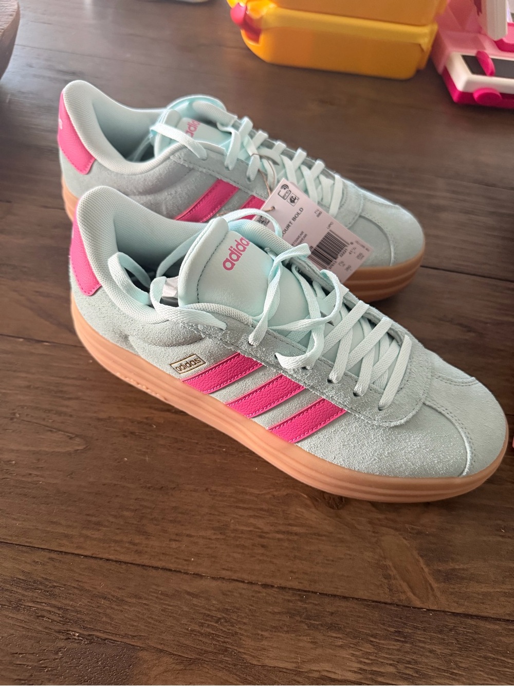 adidas Mint Green and Hot Pink Suede Low-Top Sneakers